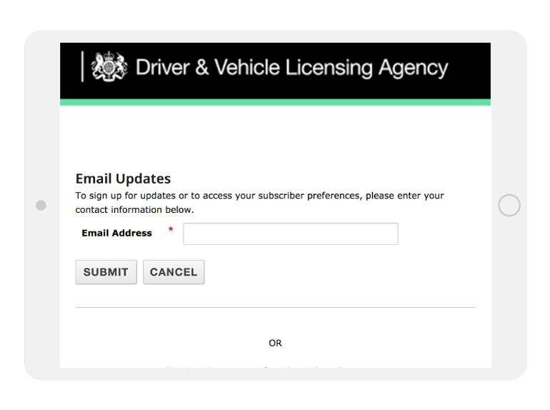 Viewing the GOV UK website subscription management service: page entitled 'Email Updates', with an input box for your email address. Click on Submit.