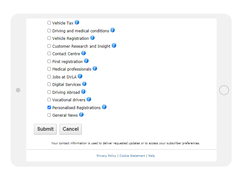 Viewing the GOV UK website subscription management service: page entitled 'Quick Subscribe for (your email address)'. Select your subscription topics from the checklist. Click on Submit.